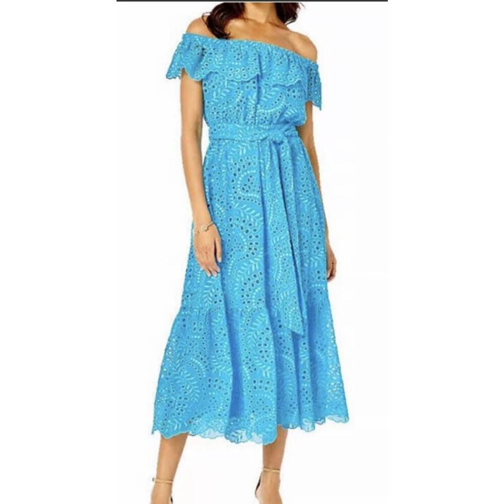 Lilly Pulitzer Geri Off The Shoulder Sea breeze Blue Midi Eyelet Dress XL $348